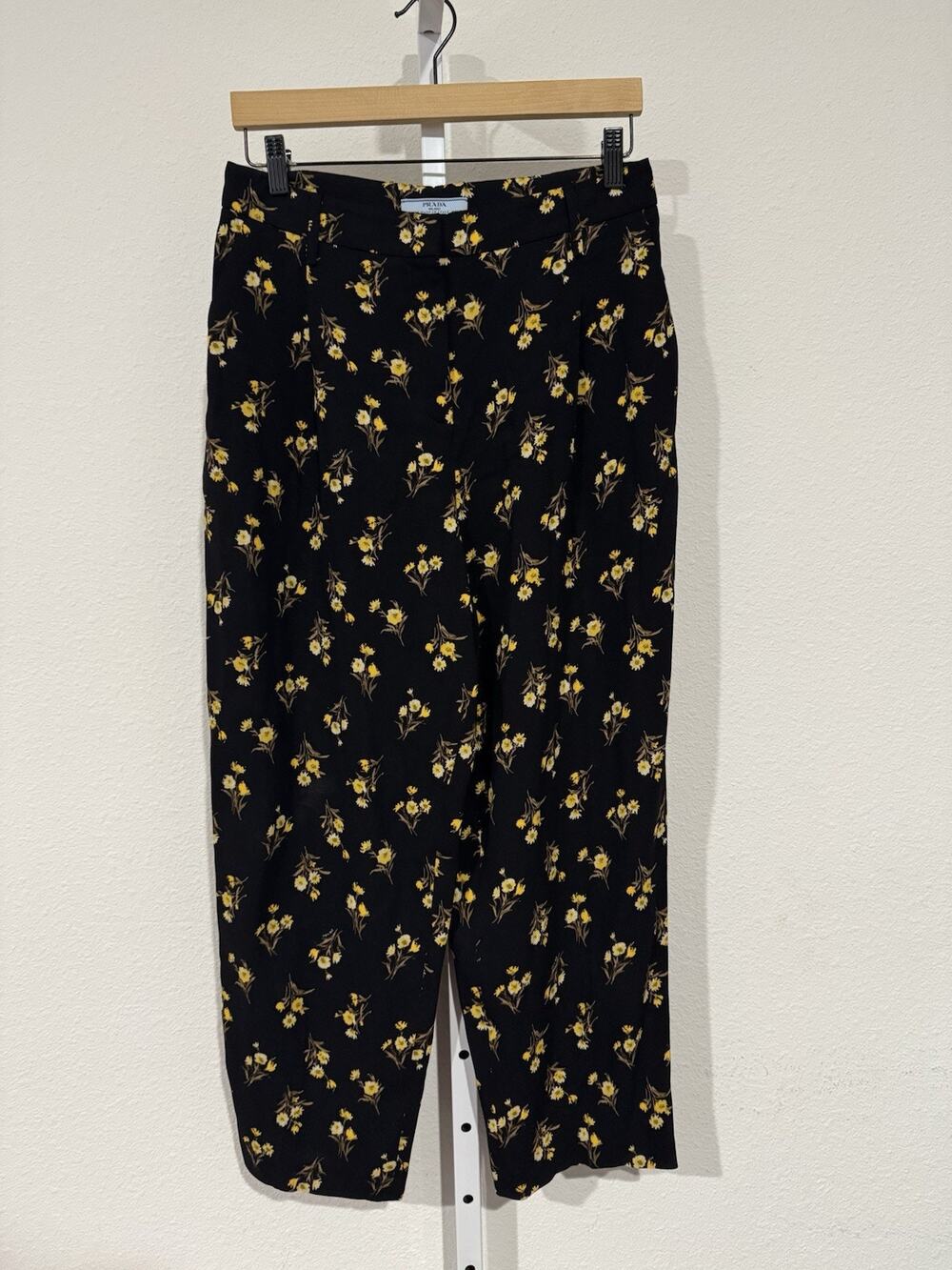 PRADA Ladies Black Floral Print Wide Leg High Rise Trousers IT42 US 6